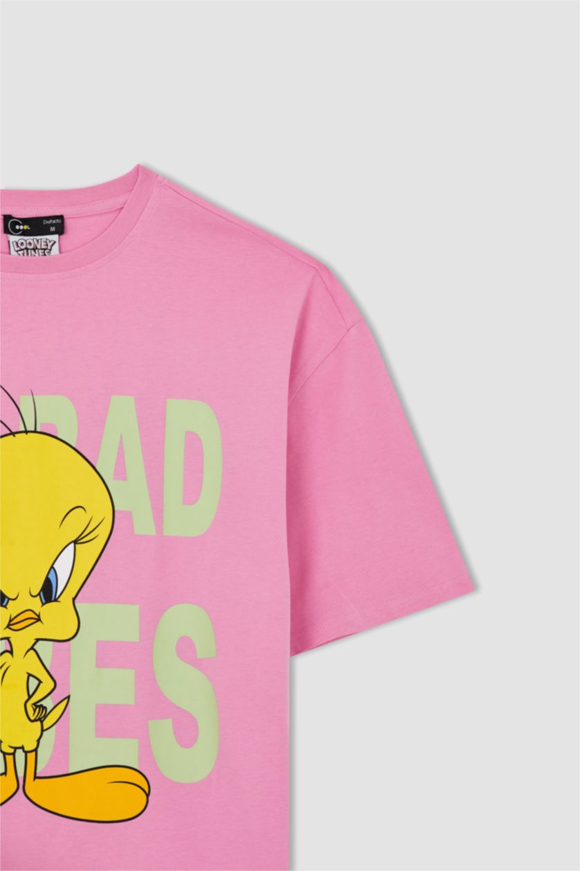 FEMME Rose Robe En Maille À Manches Courtes Très court Col arrondi Looney Tunes