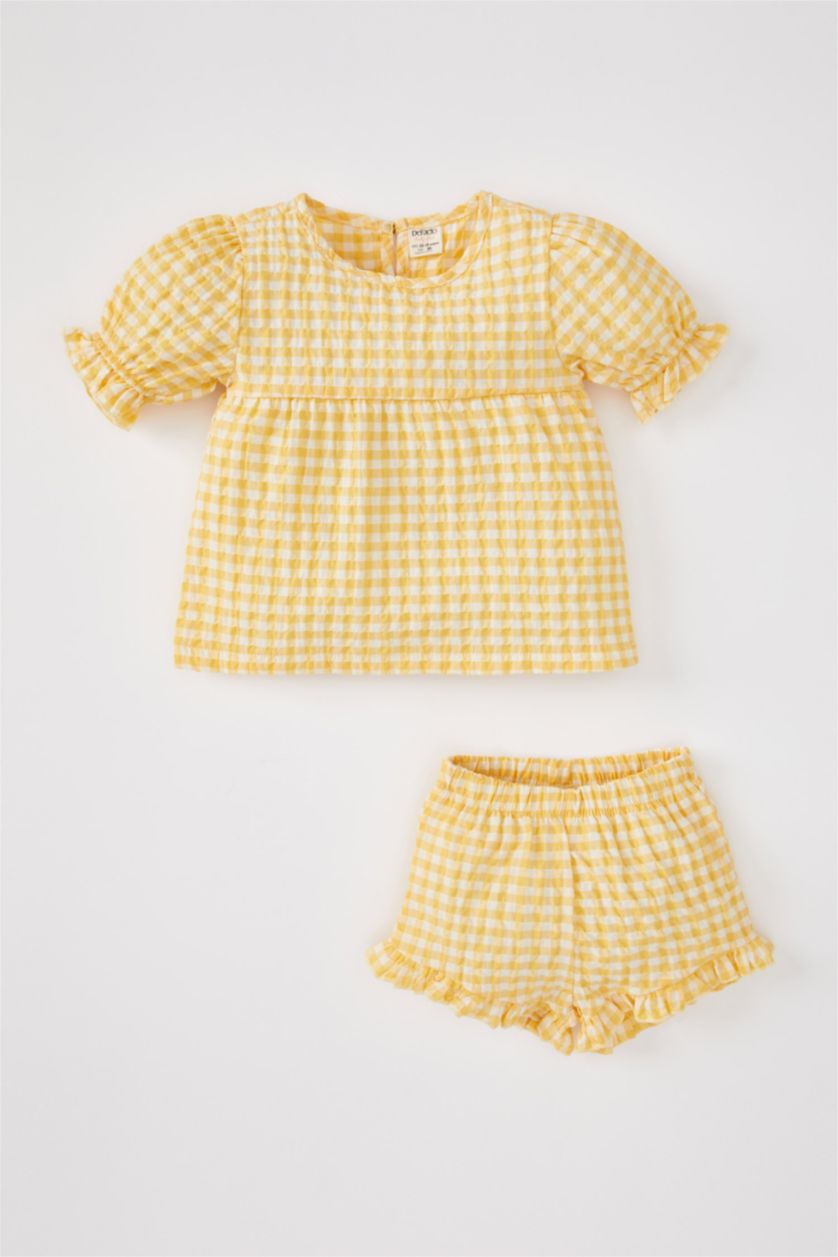 BABY GIRL Yellow Baby Girl Gingham See-through Textured Short Sleeve Blouse Shorts 2-Pack Set