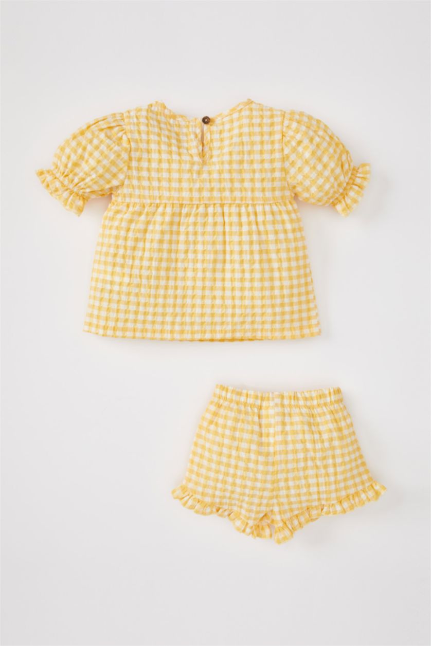 BABY GIRL Yellow Baby Girl Gingham See-through Textured Short Sleeve Blouse Shorts 2-Pack Set