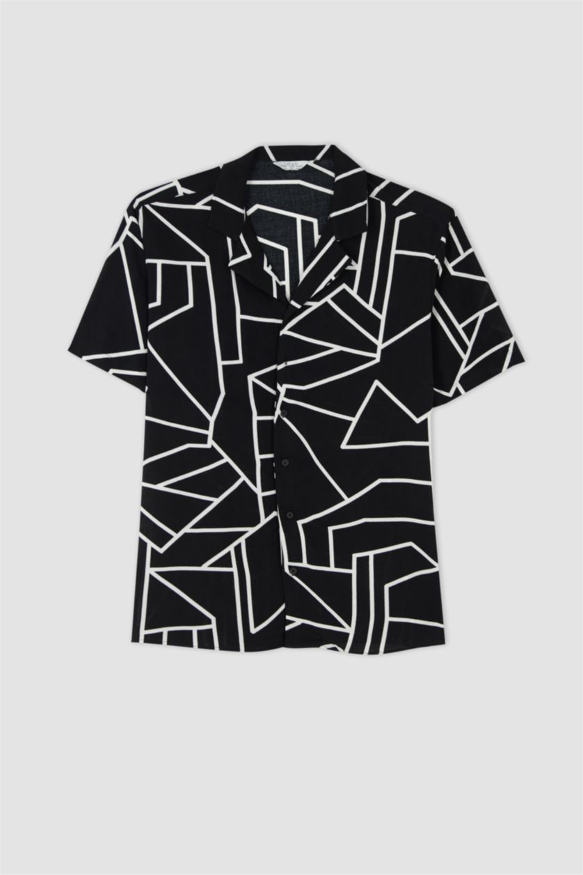HOMME Noir Chemise à manches courtes en popeline à motif géométrique Cool Oversize Fit