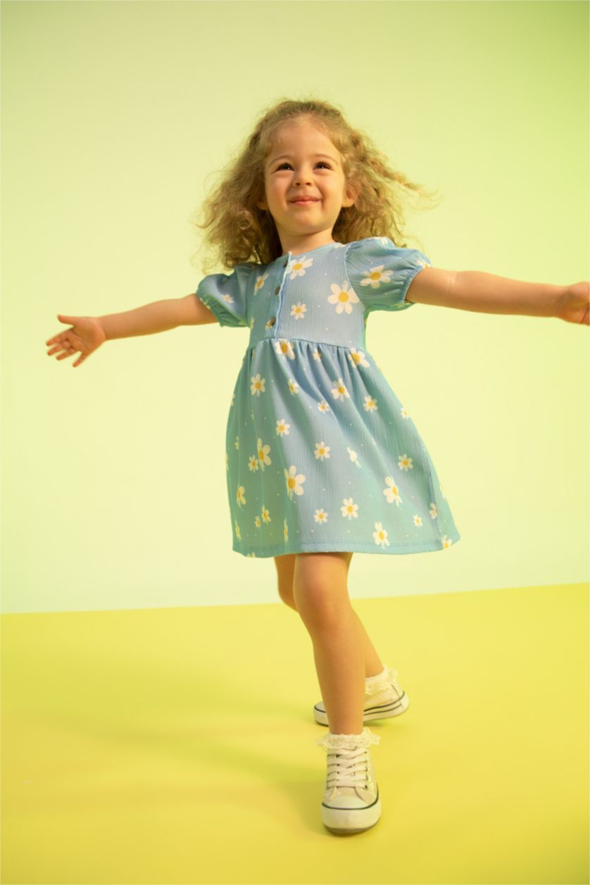 Малыши девочки Светло-синий Платье из трикотажа с цветочным принтом с коротким рукавом для малышей девочек