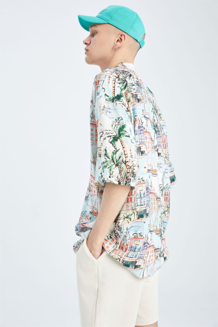 HOMME Écru Chemise à manches courtes en viscose imprimée Cool Oversize Fit