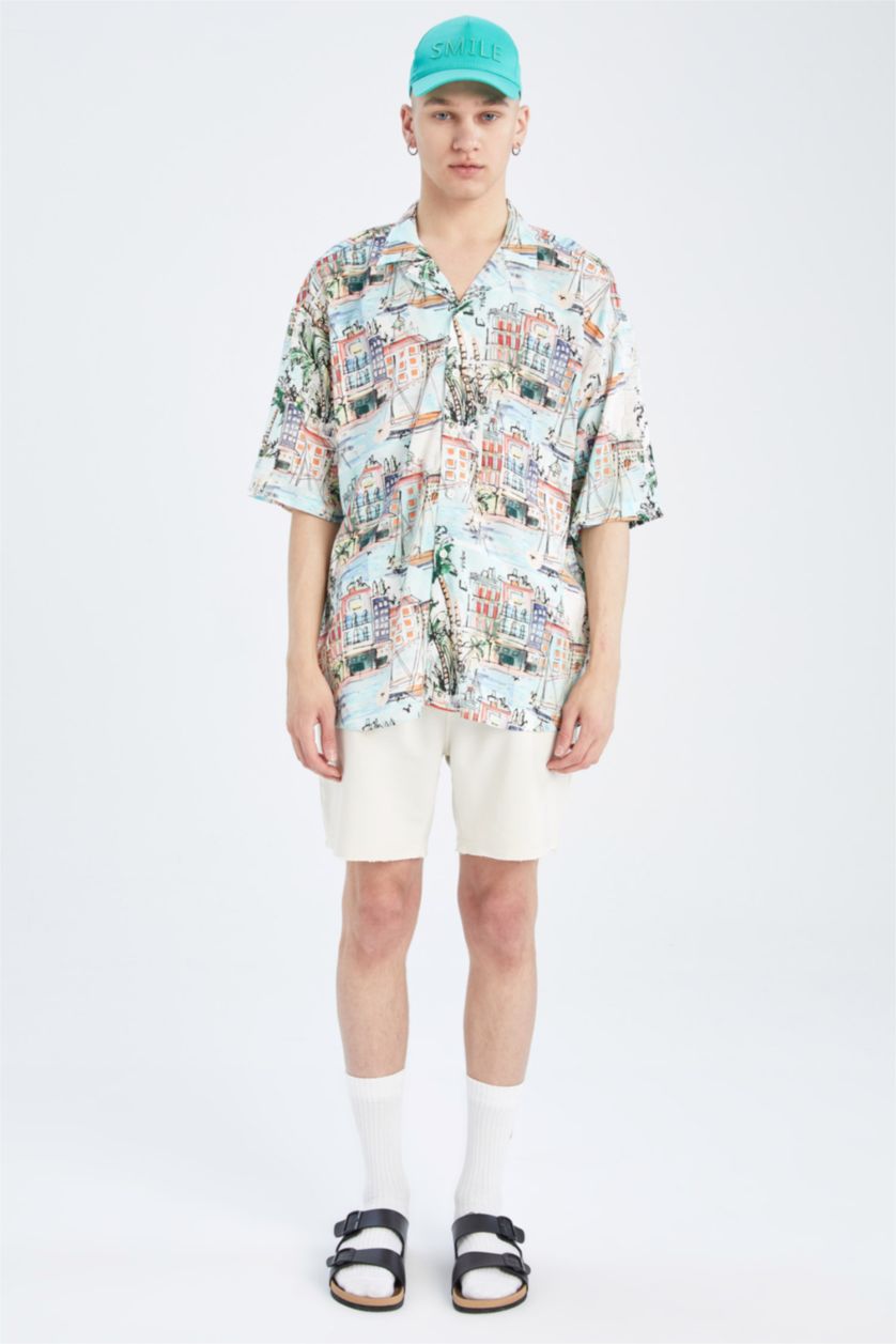 HOMME Écru Chemise à manches courtes en viscose imprimée Cool Oversize Fit