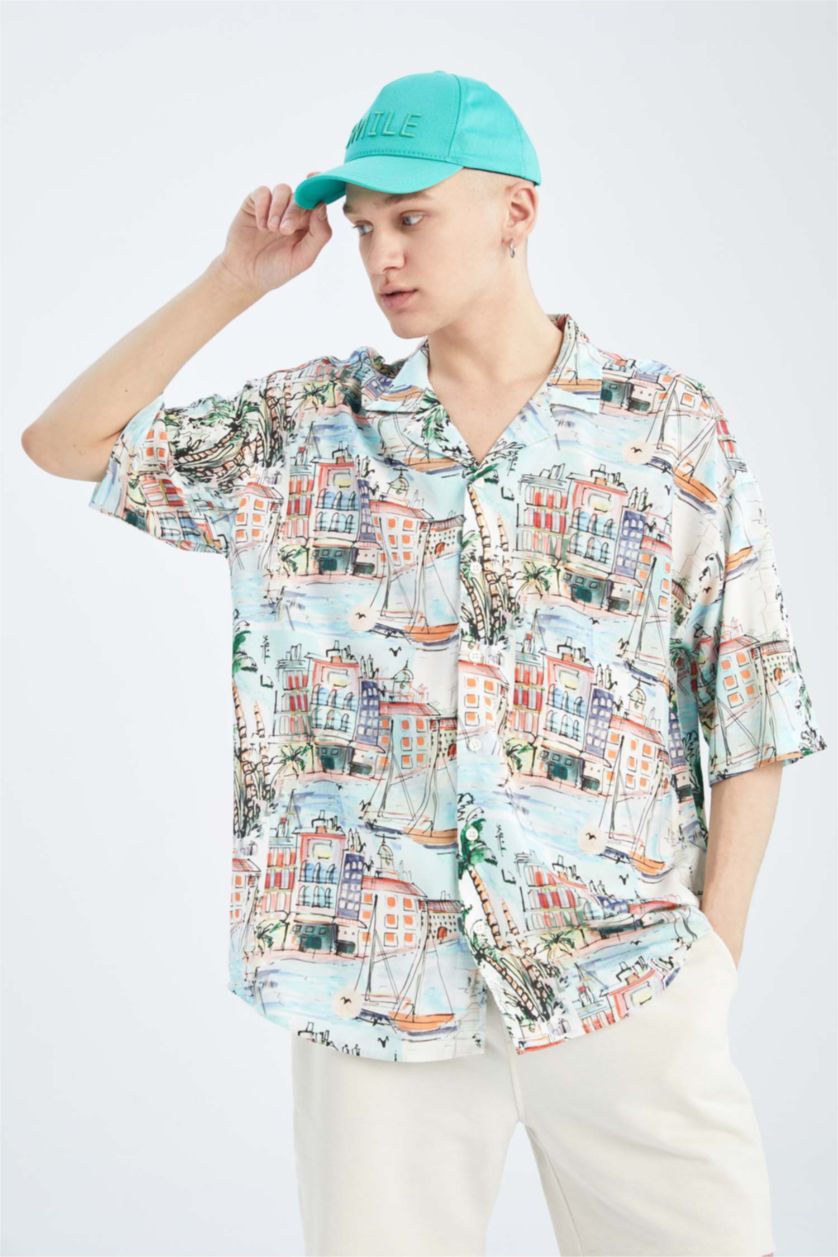 HOMME Écru Chemise à manches courtes en viscose imprimée Cool Oversize Fit
