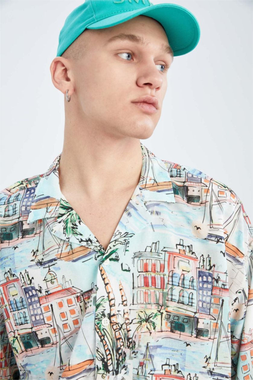 HOMME Écru Chemise à manches courtes en viscose imprimée Cool Oversize Fit