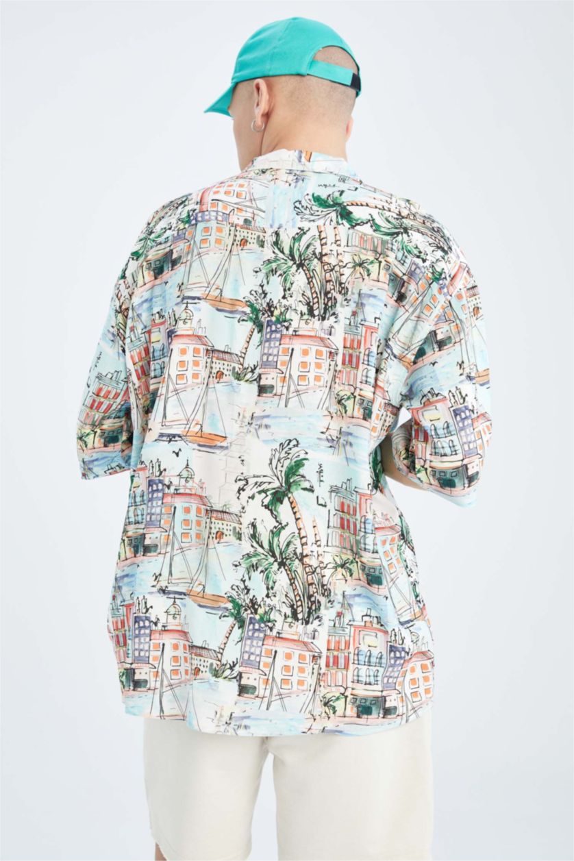 HOMME Écru Chemise à manches courtes en viscose imprimée Cool Oversize Fit