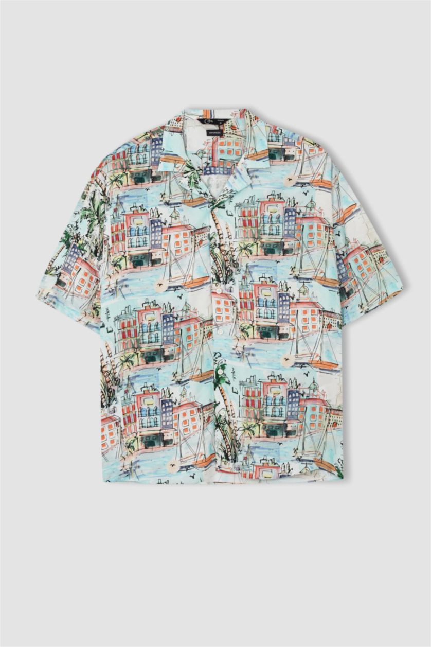 HOMME Écru Chemise à manches courtes en viscose imprimée Cool Oversize Fit