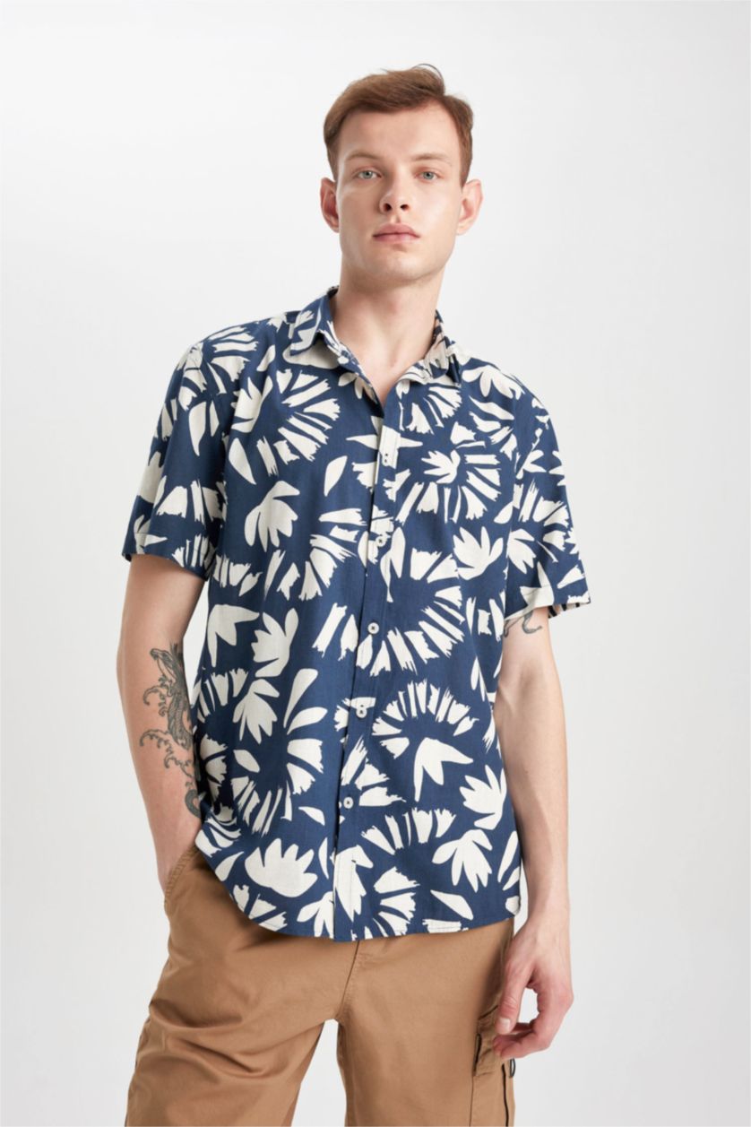 HOMME Indigo Coupe Régulière Popeline Chemises à manches courtes