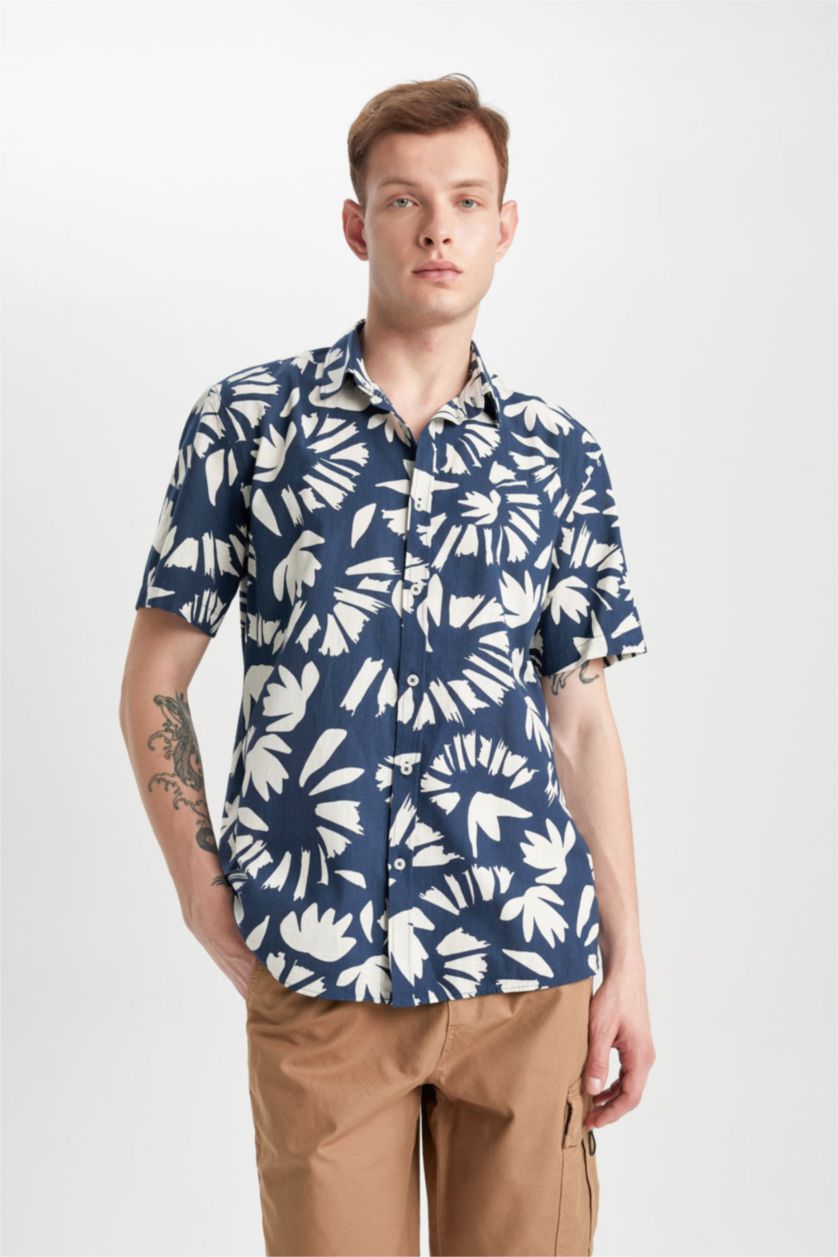 HOMME Indigo Coupe Régulière Popeline Chemises à manches courtes