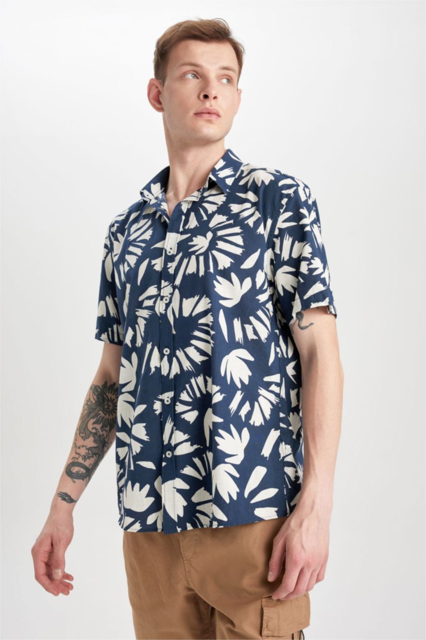 HOMME Indigo Coupe Régulière Popeline Chemises à manches courtes