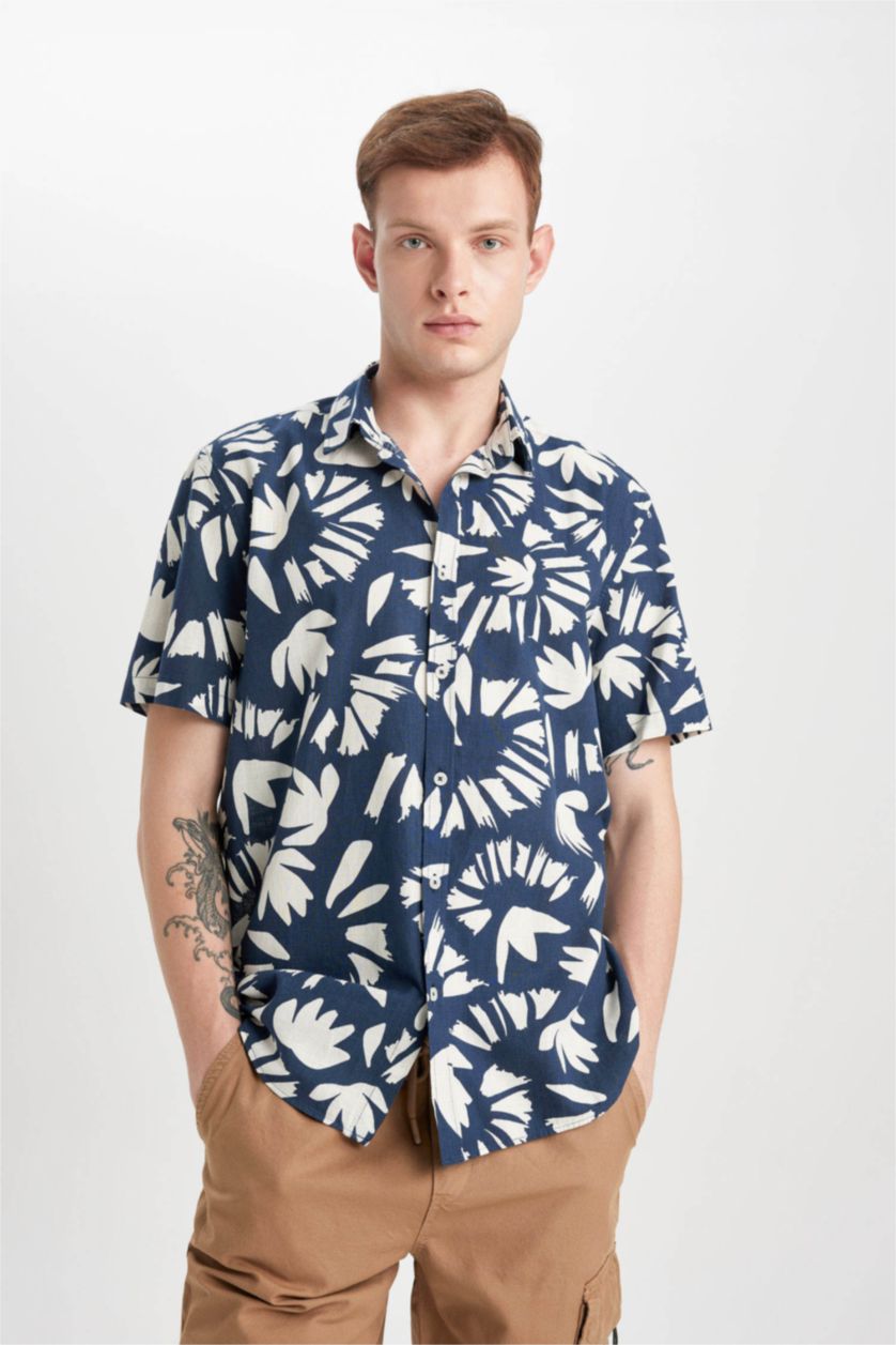 HOMME Indigo Coupe Régulière Popeline Chemises à manches courtes