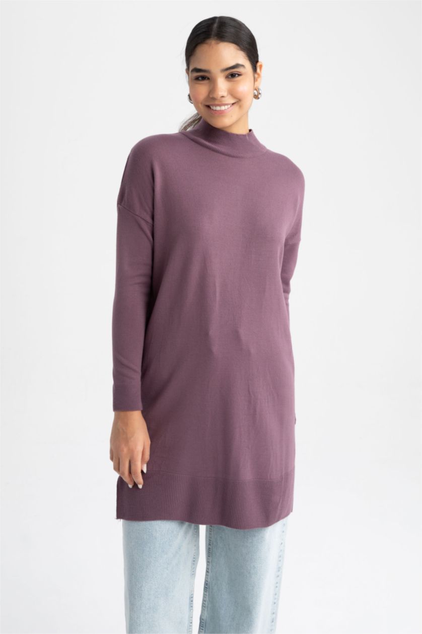 WOMAN Lilac Regular Fit Half Turtleneck Tunic
