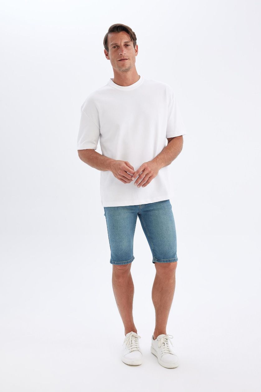 Erkek Açık Yeşil Skinny Fit Jean Bermuda Şort