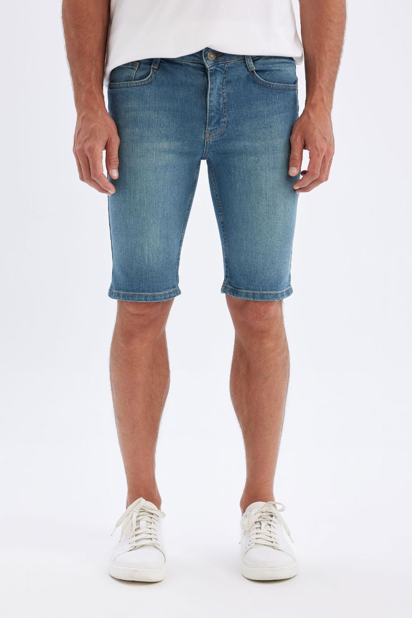 Erkek Açık Yeşil Skinny Fit Jean Bermuda Şort