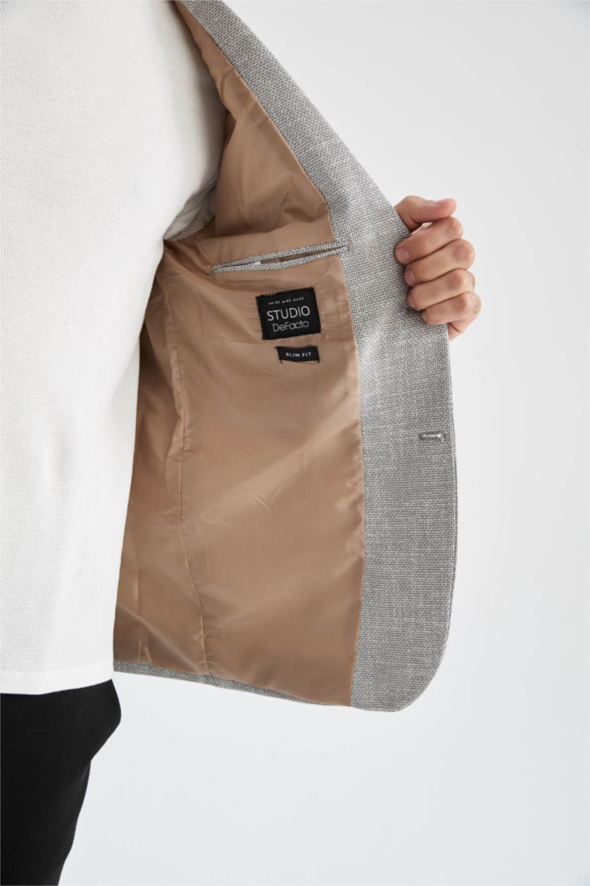 Erkek Gri Melanj Slım Fıt Blazer Ceket