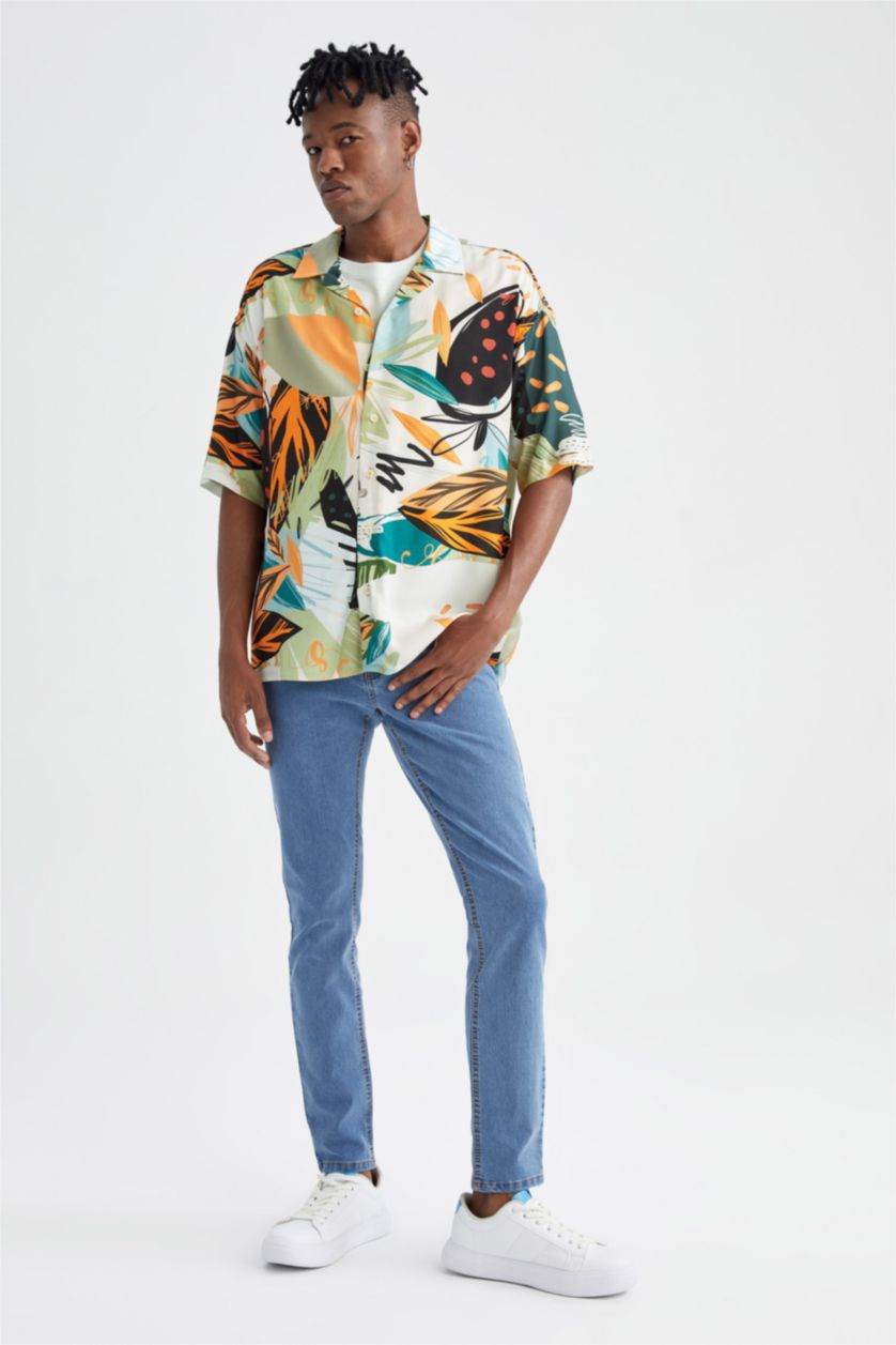 HOMME Orange Chemise à manches courtes en viscose à motifs coupe oversize