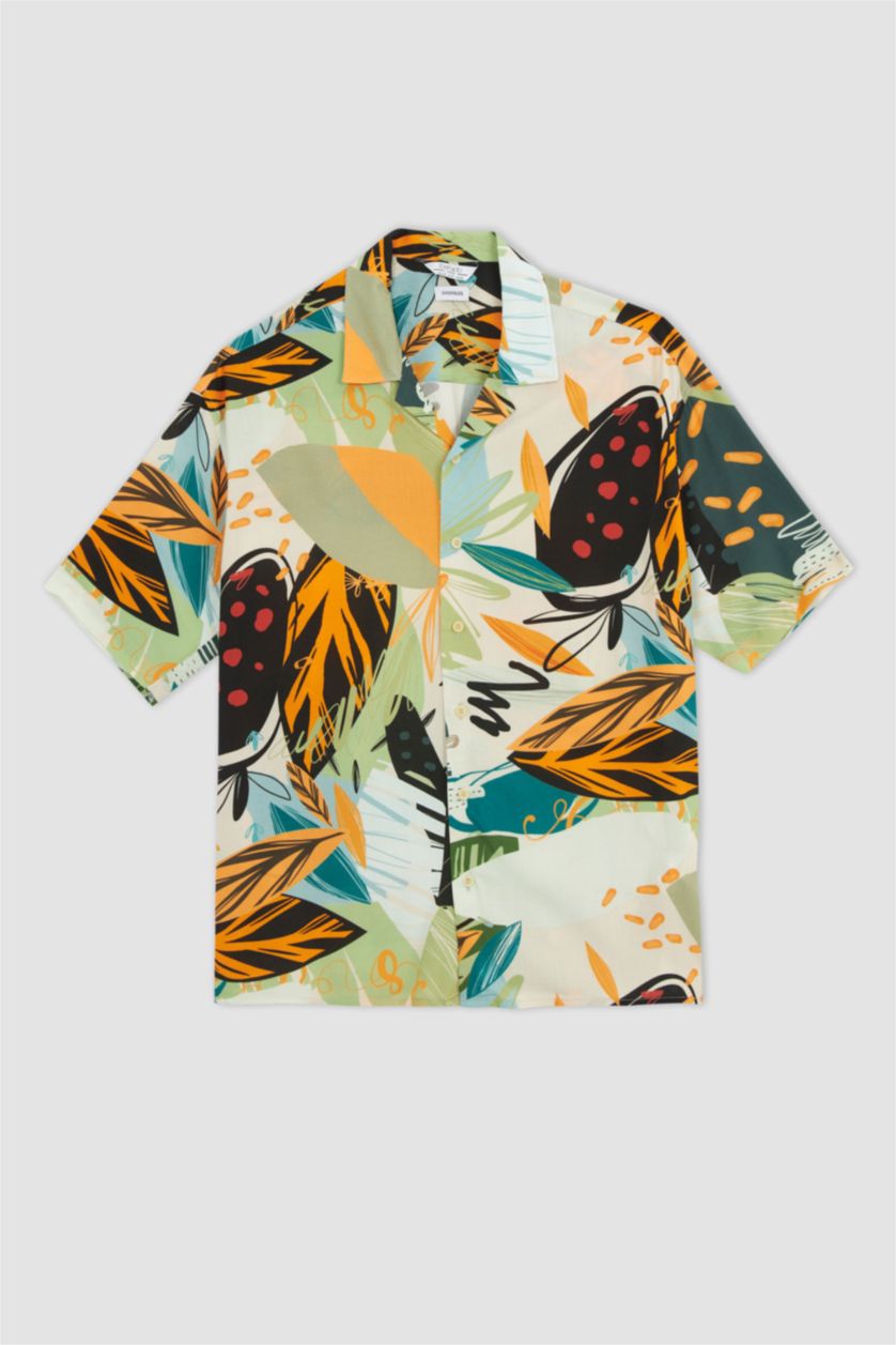 HOMME Orange Chemise à manches courtes en viscose à motifs coupe oversize