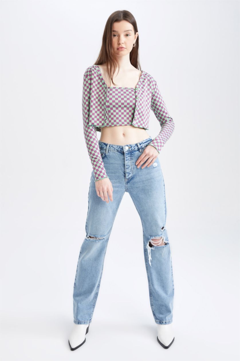 WOMAN Mint Slim Fit V Neck Check Print Cardigan