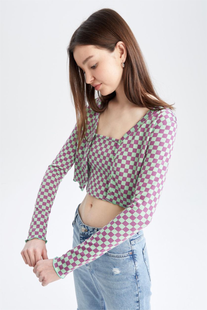 WOMAN Mint Slim Fit V Neck Check Print Cardigan