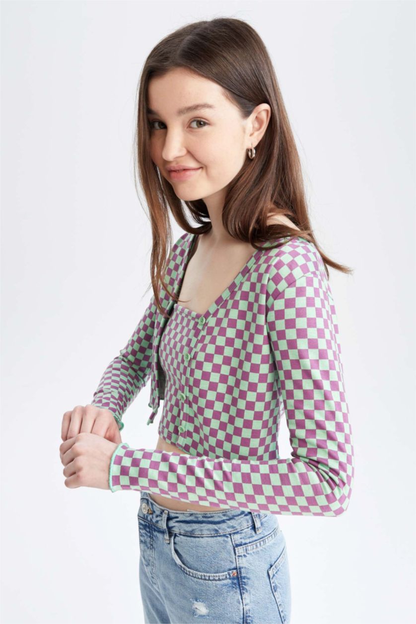 WOMAN Mint Slim Fit V Neck Check Print Cardigan