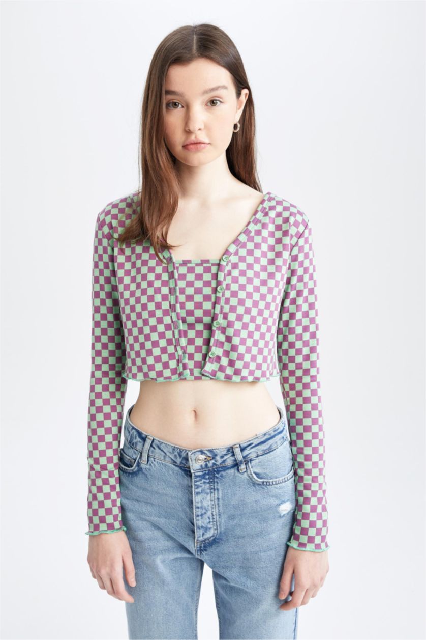 WOMAN Mint Slim Fit V Neck Check Print Cardigan