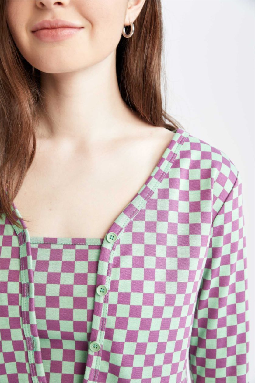 WOMAN Mint Slim Fit V Neck Check Print Cardigan