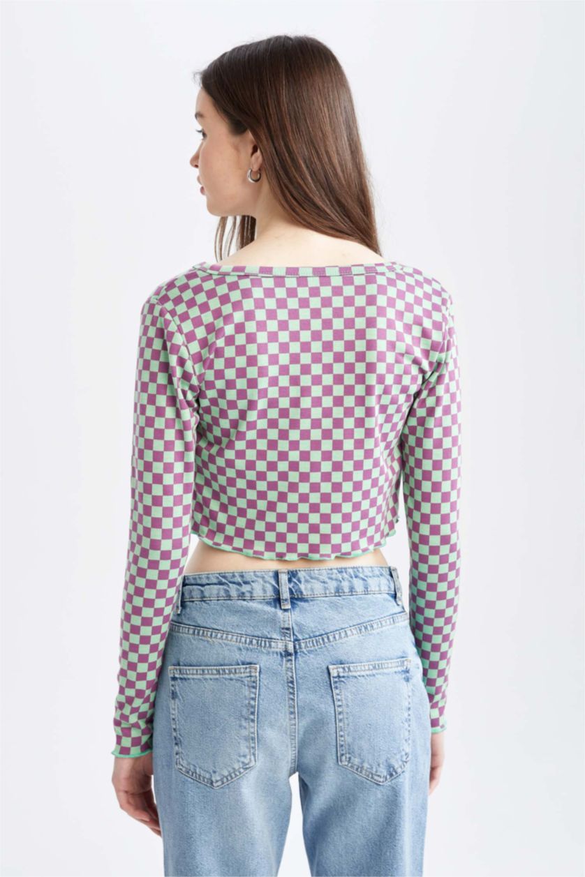 WOMAN Mint Slim Fit V Neck Check Print Cardigan