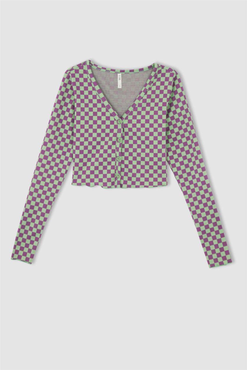 WOMAN Mint Slim Fit V Neck Check Print Cardigan