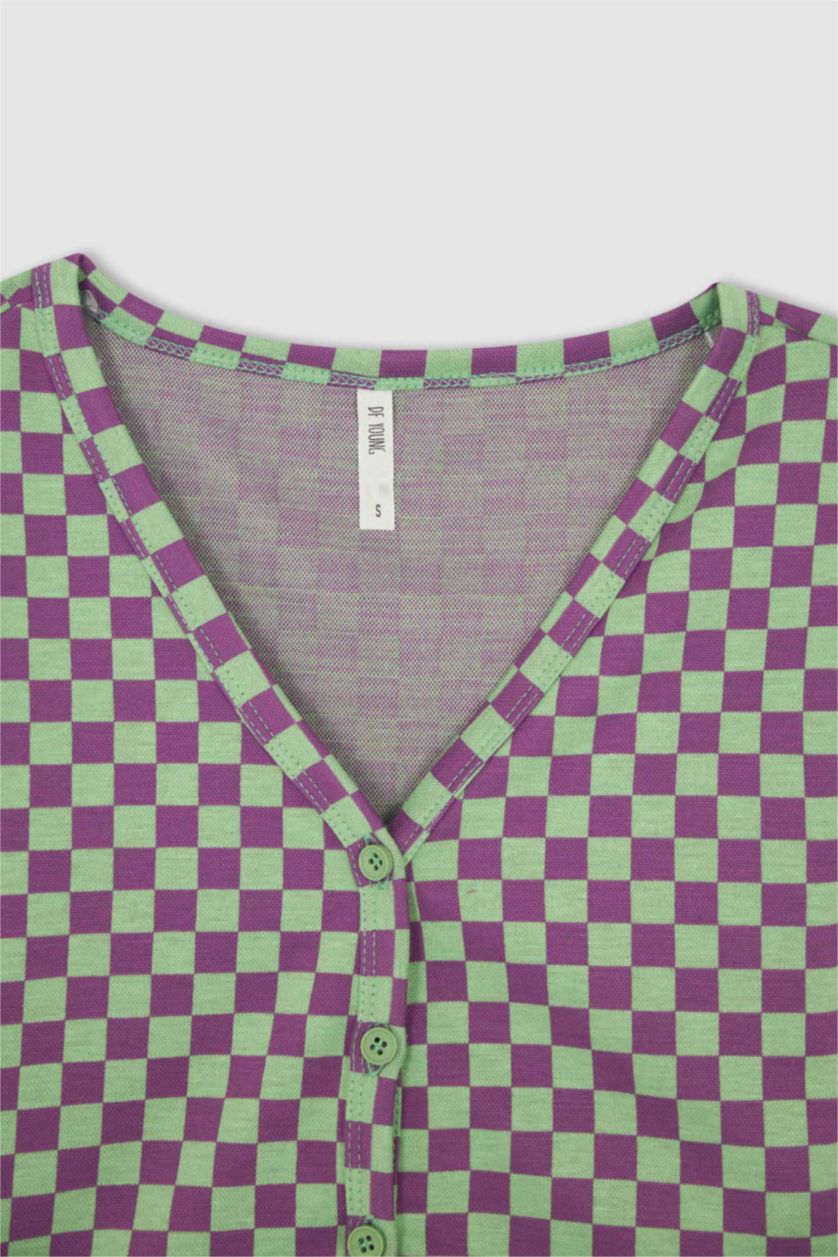 WOMAN Mint Slim Fit V Neck Check Print Cardigan