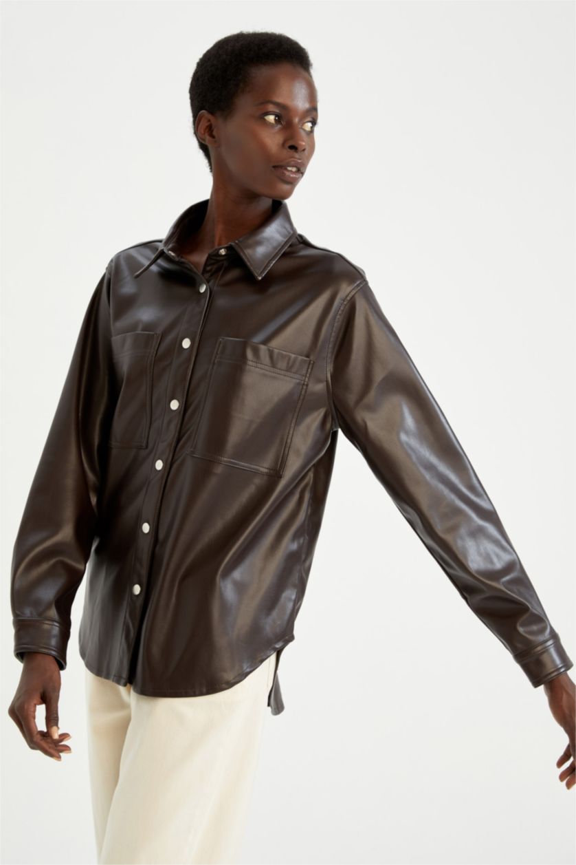 FEMME Marron Chemises à manches longues PU Col De Chemise Avec Poche