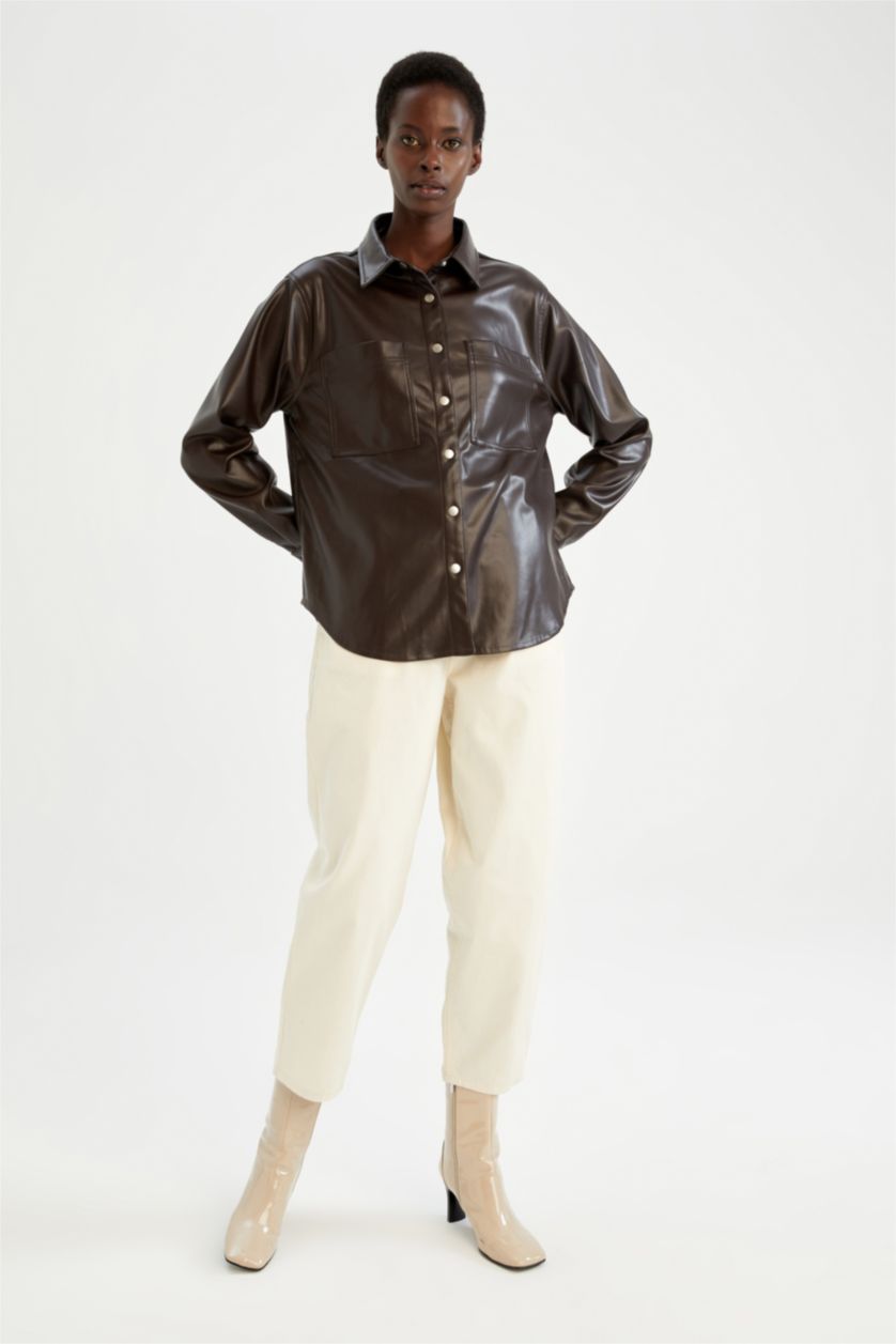 FEMME Marron Chemises à manches longues PU Col De Chemise Avec Poche