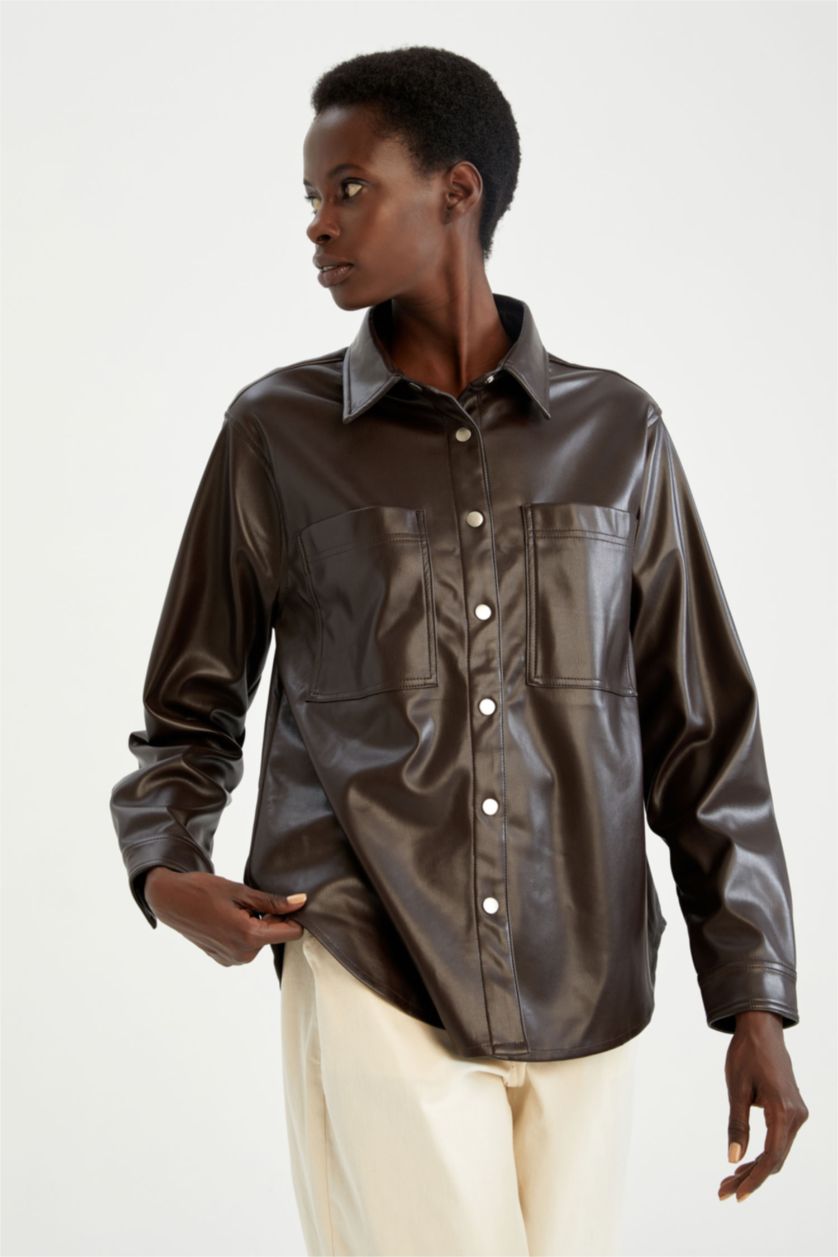 FEMME Marron Chemises à manches longues PU Col De Chemise Avec Poche