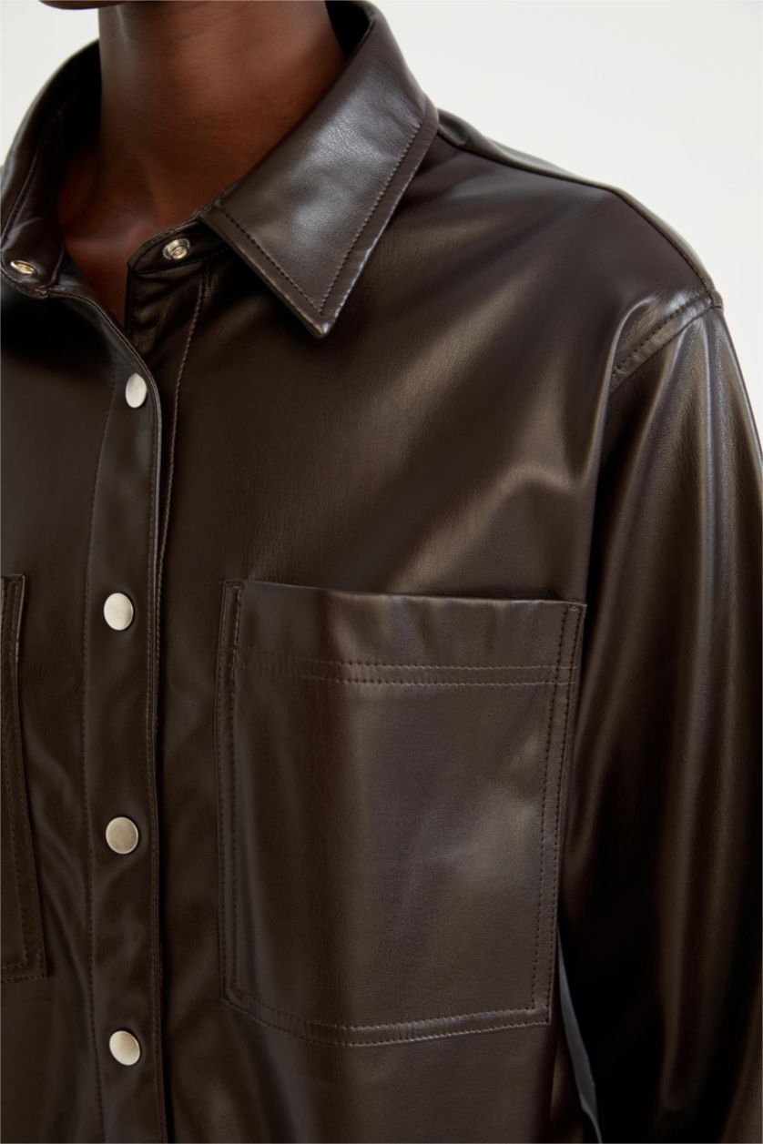 FEMME Marron Chemises à manches longues PU Col De Chemise Avec Poche