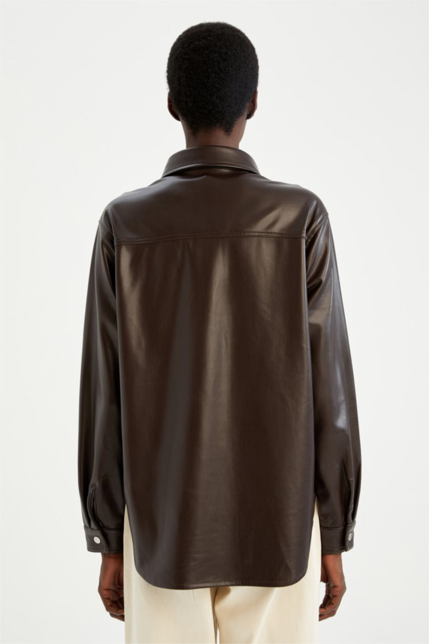 FEMME Marron Chemises à manches longues PU Col De Chemise Avec Poche