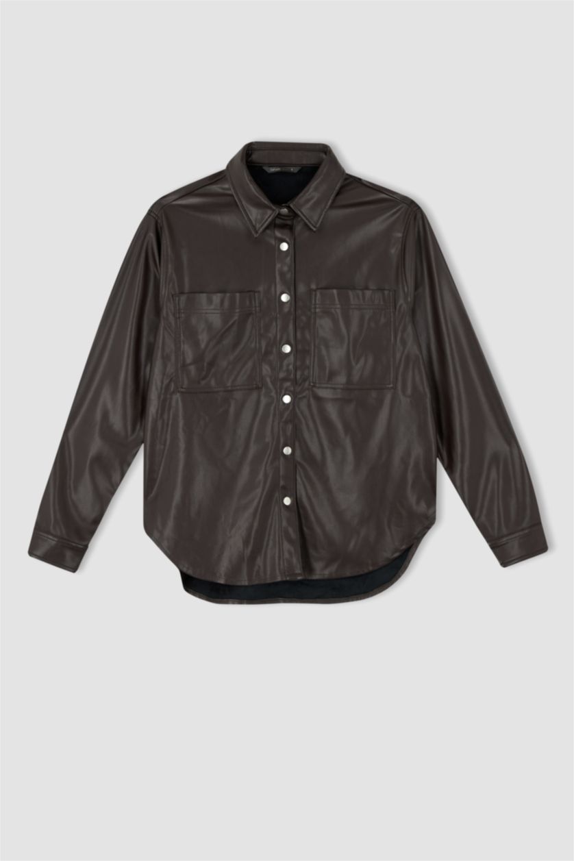 FEMME Marron Chemises à manches longues PU Col De Chemise Avec Poche