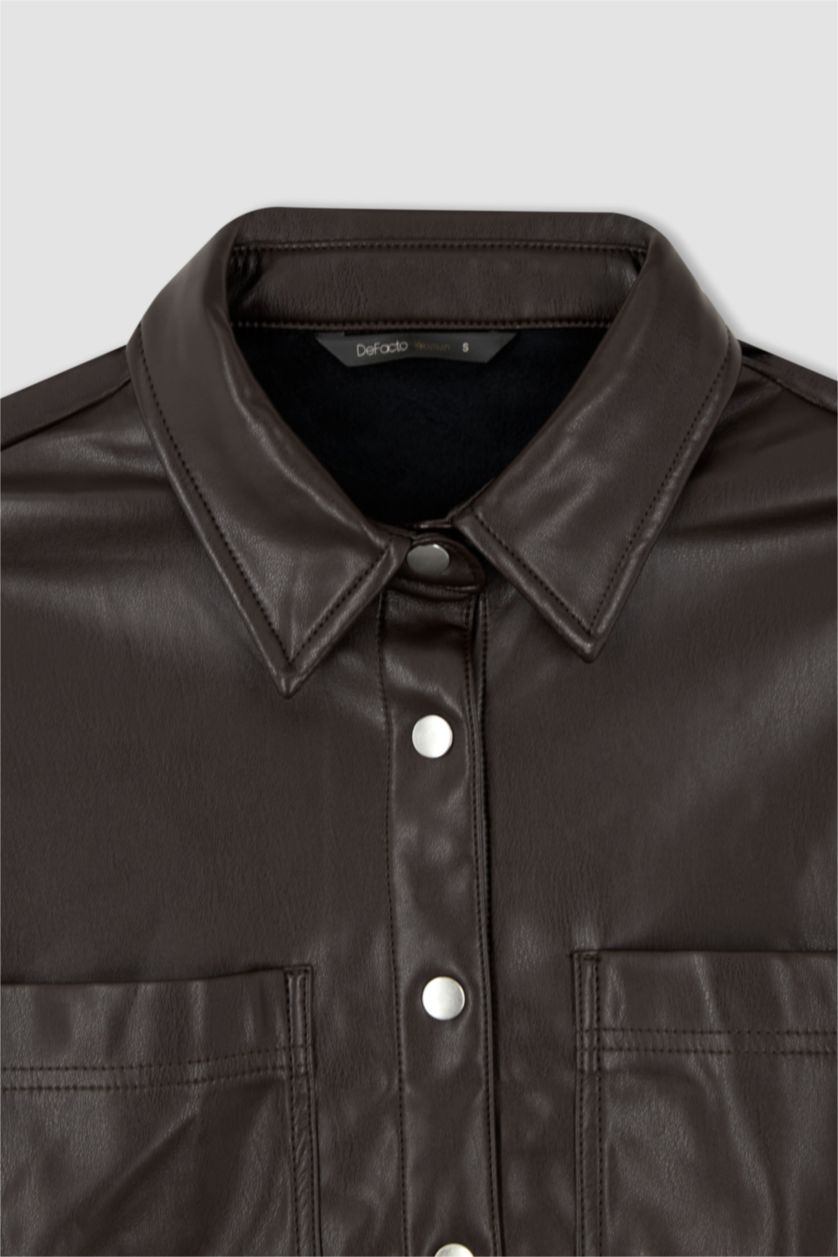 FEMME Marron Chemises à manches longues PU Col De Chemise Avec Poche