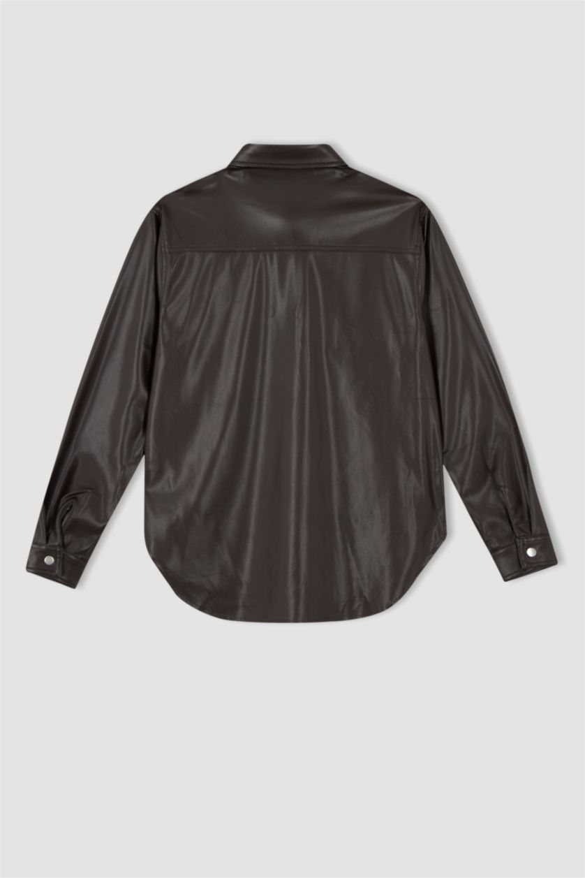 FEMME Marron Chemises à manches longues PU Col De Chemise Avec Poche