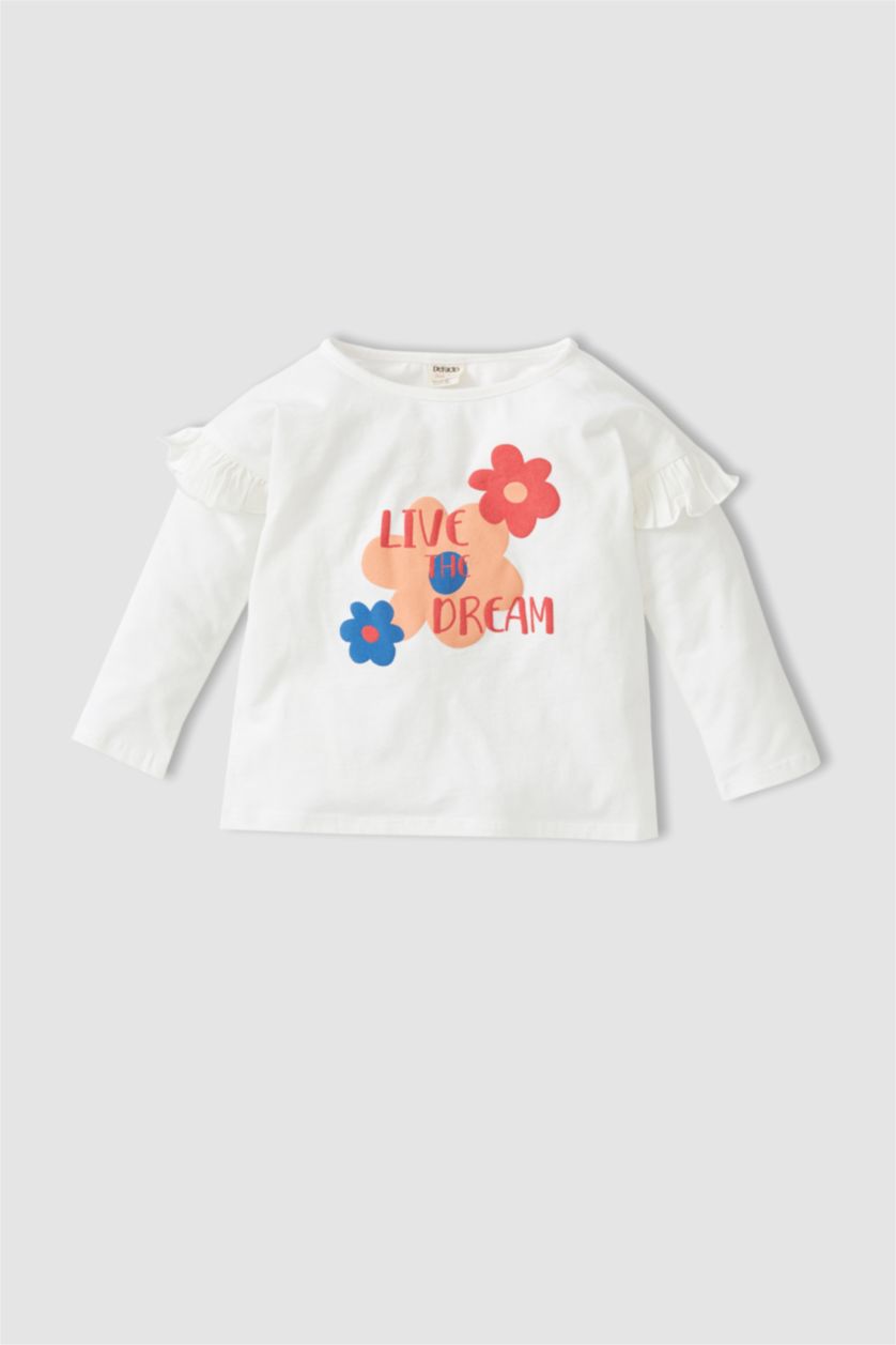 BABY GIRL Ecru Baby Girl Printed Crew Neck Long Sleeve Cotton T-Shirt