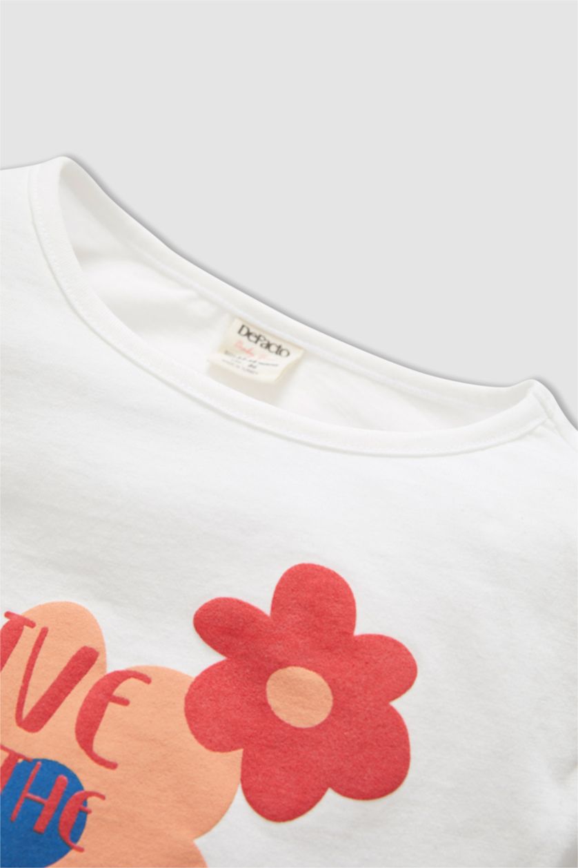 BABY GIRL Ecru Baby Girl Printed Crew Neck Long Sleeve Cotton T-Shirt