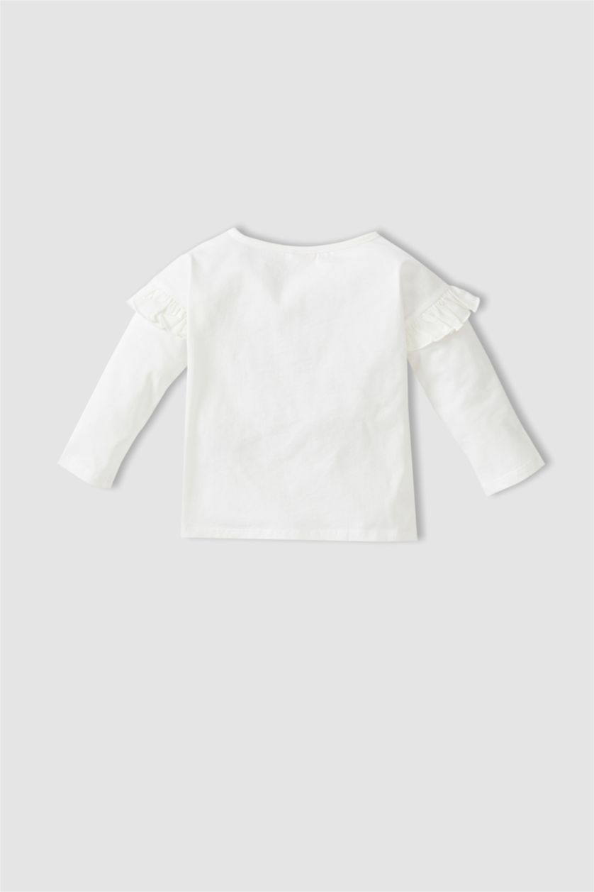 BABY GIRL Ecru Baby Girl Printed Crew Neck Long Sleeve Cotton T-Shirt