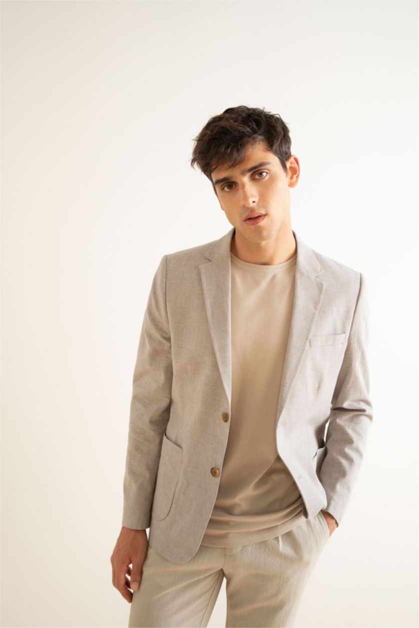 Erkek Kum Modern Fit Keten Karışımlı Blazer Ceket