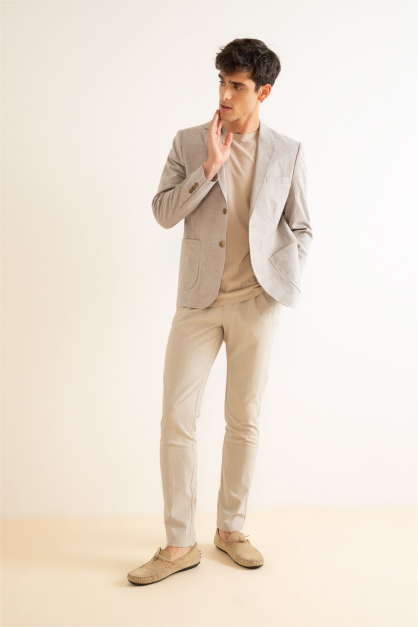 Erkek Kum Modern Fit Keten Karışımlı Blazer Ceket