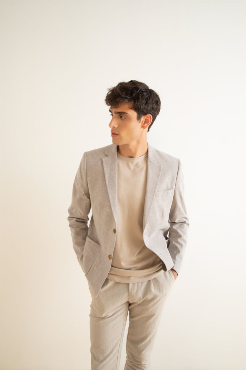 Erkek Kum Modern Fit Keten Karışımlı Blazer Ceket