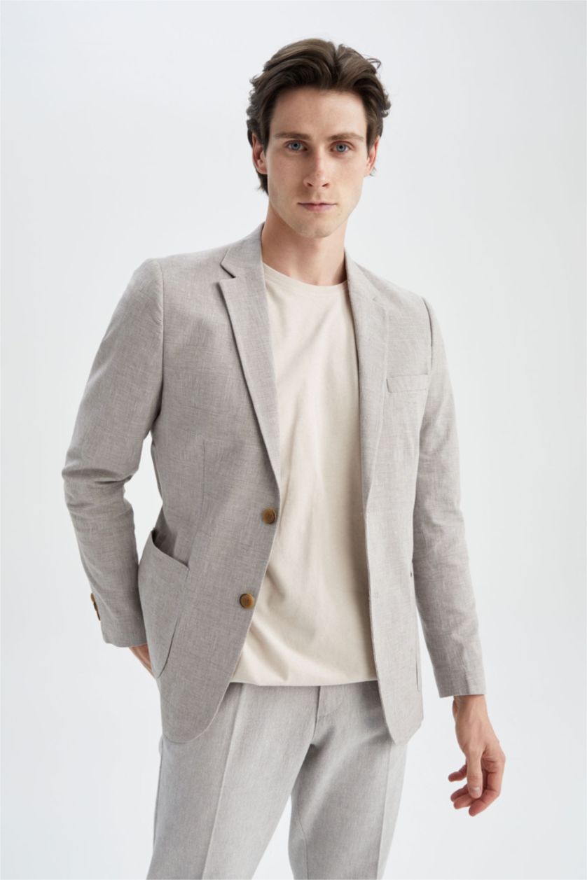 Erkek Kum Modern Fit Keten Karışımlı Blazer Ceket