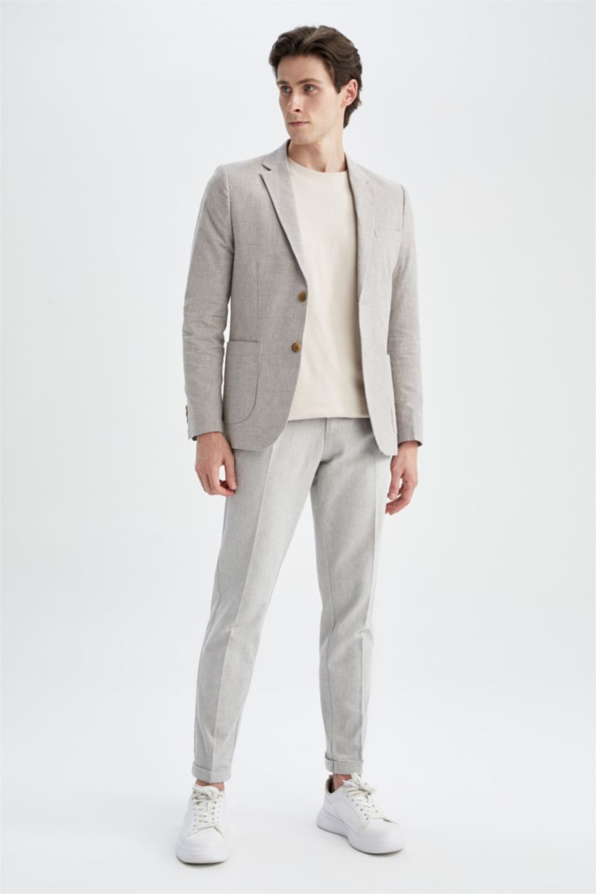 Erkek Kum Modern Fit Keten Karışımlı Blazer Ceket