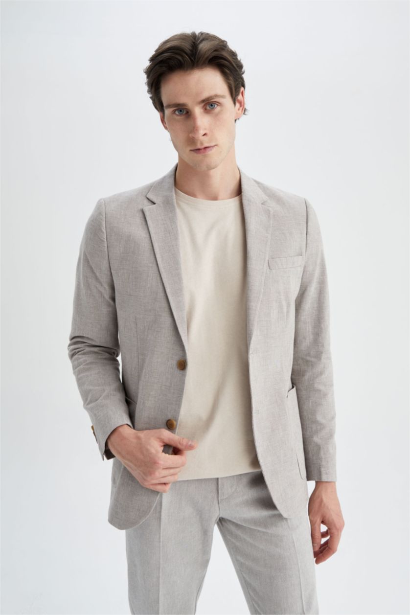 Erkek Kum Modern Fit Keten Karışımlı Blazer Ceket