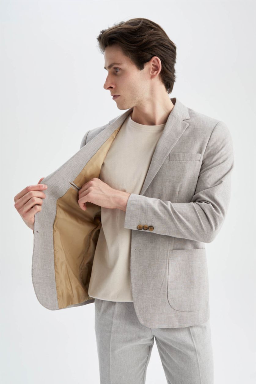 Erkek Kum Modern Fit Keten Karışımlı Blazer Ceket