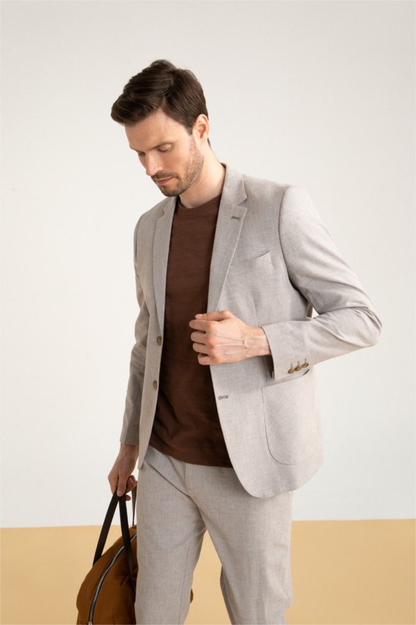 رجالي ميلانج رمادي جاكيت بليزر مودرن فيت ممزوج بالكتان