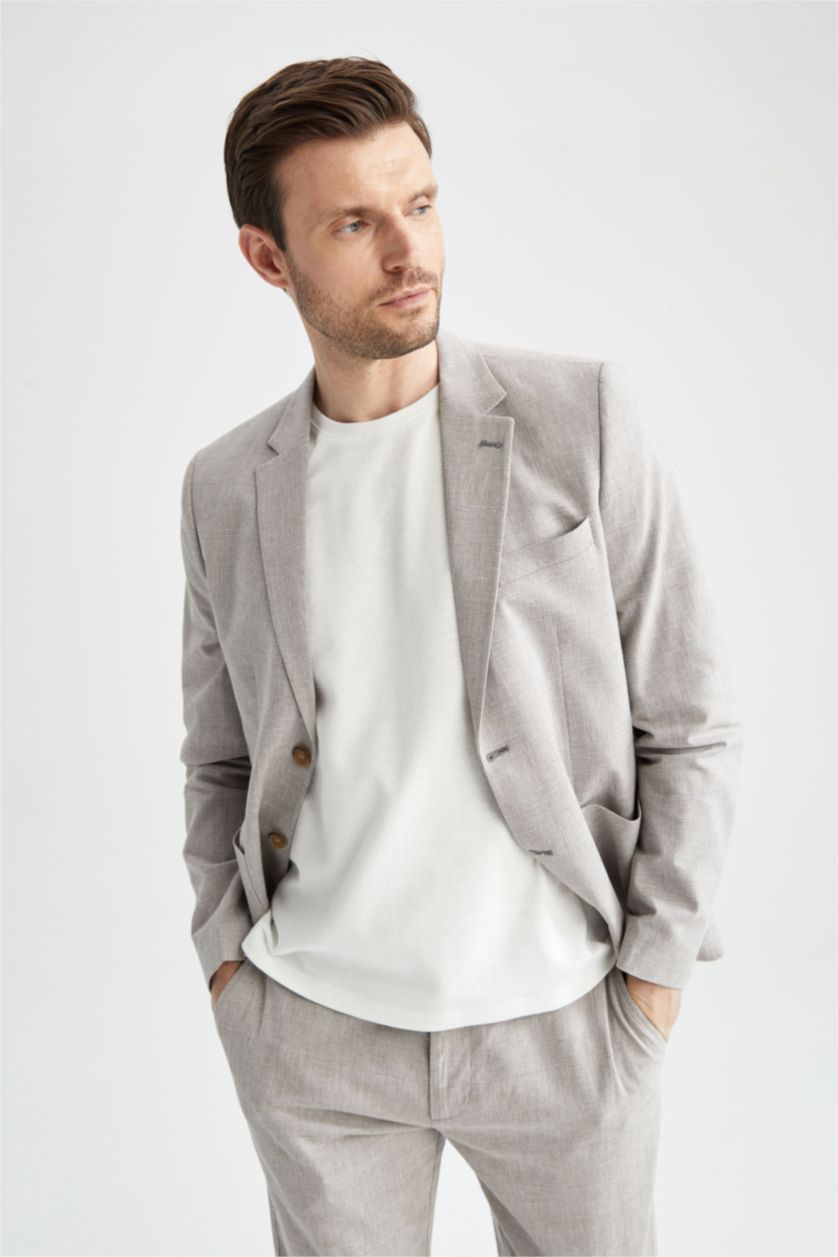 رجالي ميلانج رمادي جاكيت بليزر مودرن فيت ممزوج بالكتان