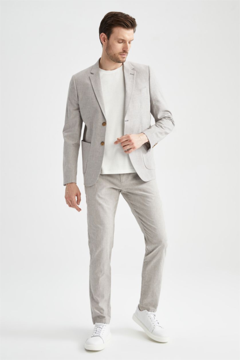 رجالي ميلانج رمادي جاكيت بليزر مودرن فيت ممزوج بالكتان